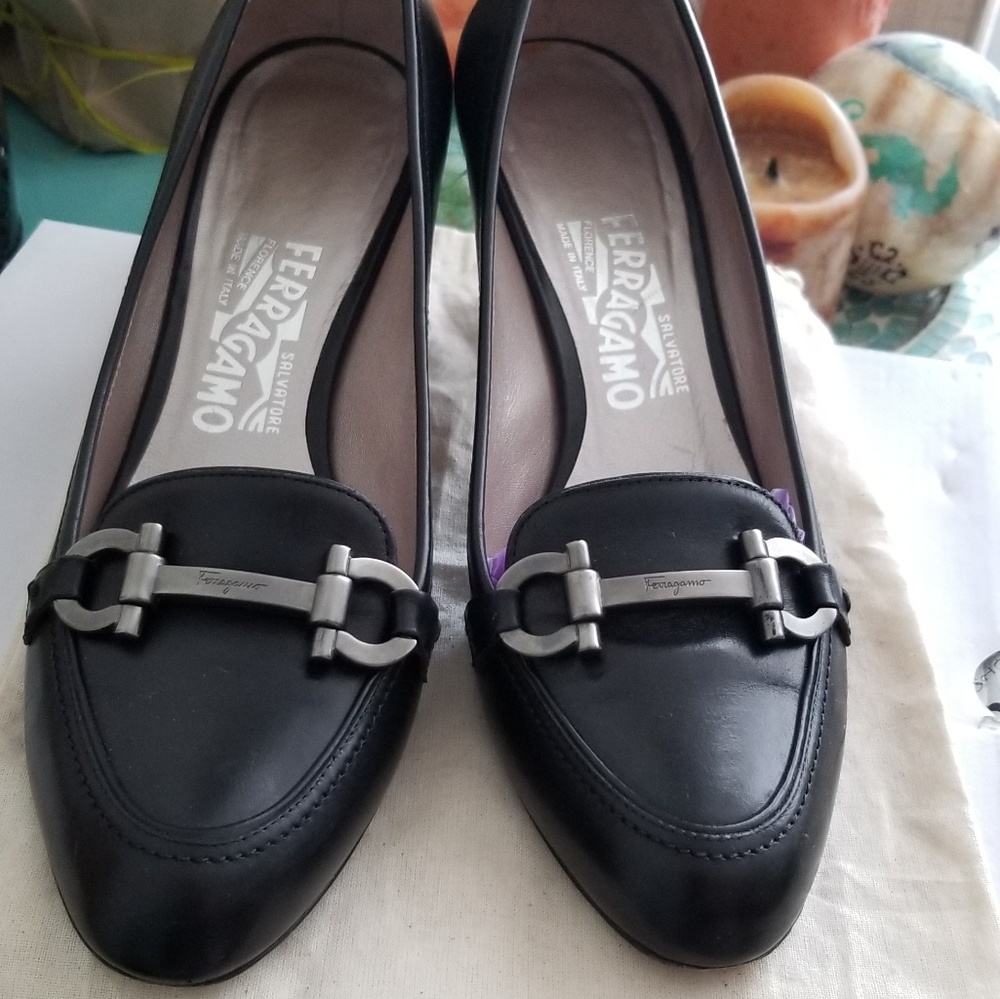 Salvatore Ferragamo Black Heels with Silver Buckle